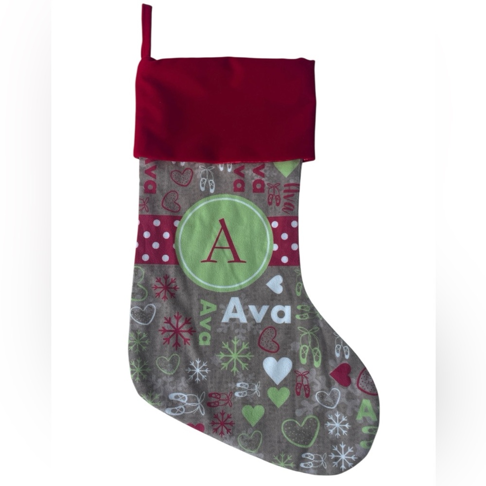 Personalized Creations Christmas Stocking "Ava" Initial All Over Print Red Trim
